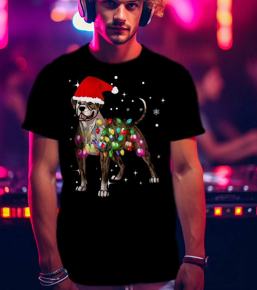 Christmas Lights American Bulldog Santa Hat Snowflakes T-Shirt
