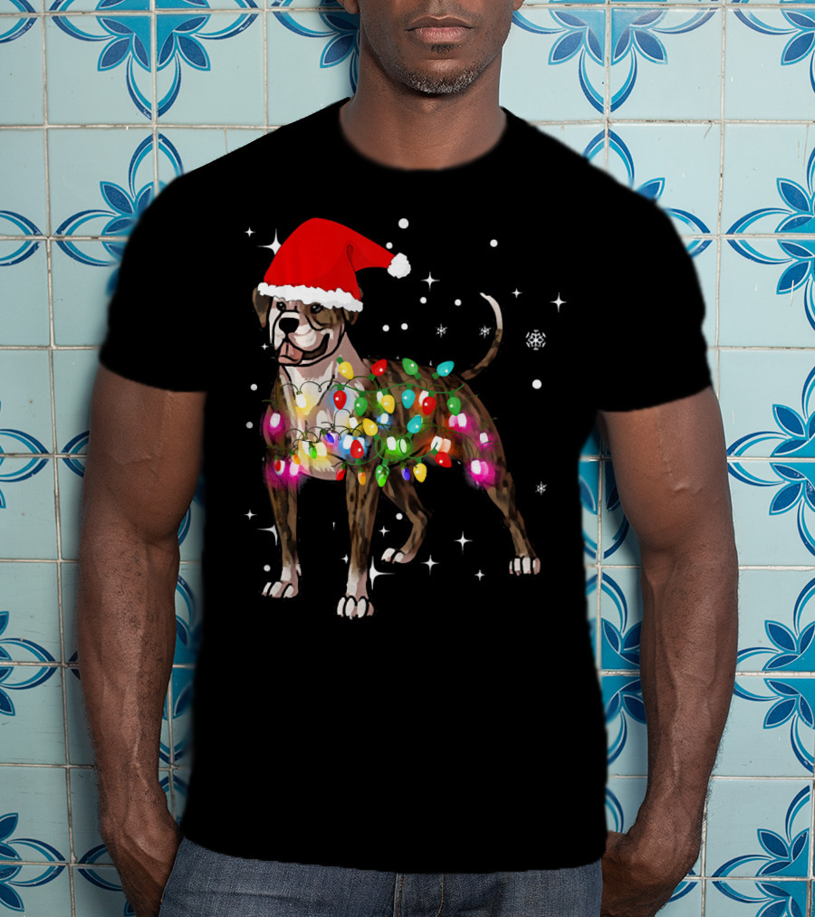 Christmas Lights American Bulldog Santa Hat Snowflakes T-Shirt