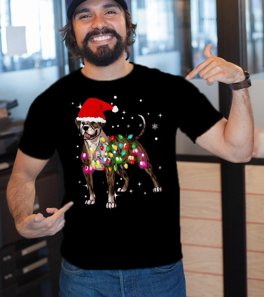 Christmas Lights American Bulldog Santa Hat Snowflakes T-Shirt