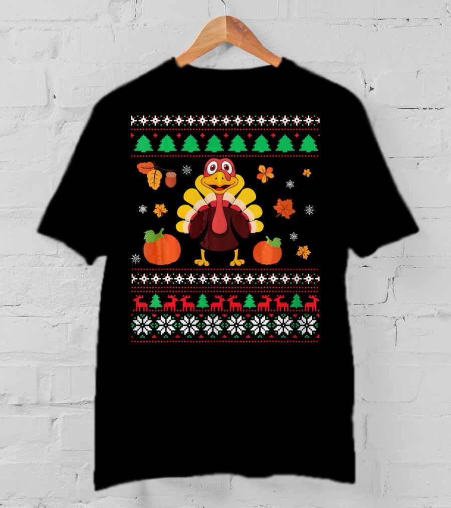 Thanksgiving Turkey Ugly Christmas Sweater Design With Pumpkins And Autumn Leaves T-Shirt