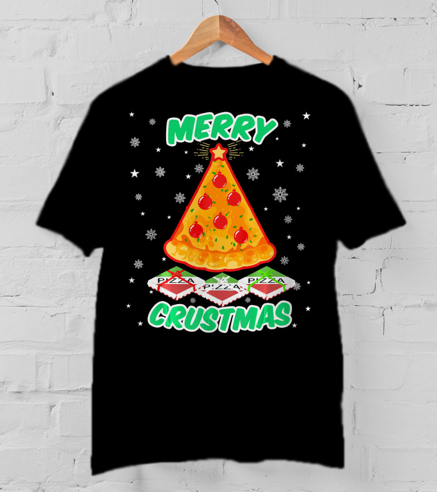 MERRY CRUSTMAS Funny Pizza Christmas Tree With Snowflakes And Pizza Boxes T-Shirt