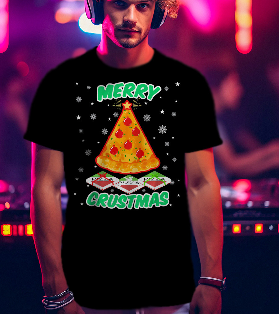 MERRY CRUSTMAS Funny Pizza Christmas Tree With Snowflakes And Pizza Boxes T-Shirt