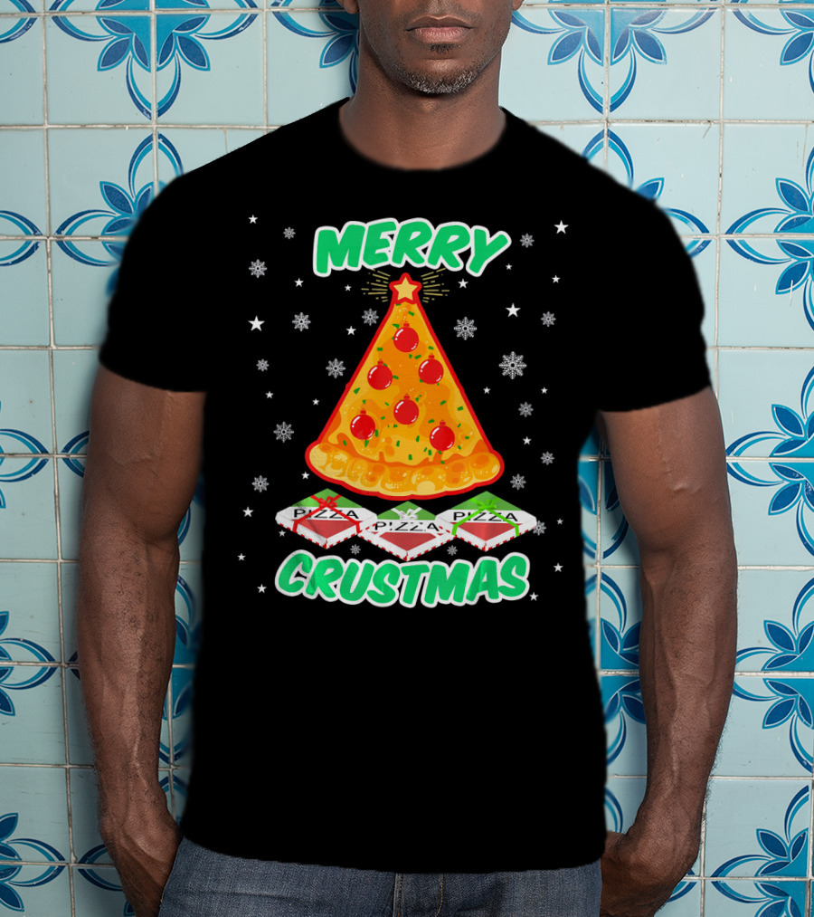 MERRY CRUSTMAS Funny Pizza Christmas Tree With Snowflakes And Pizza Boxes T-Shirt