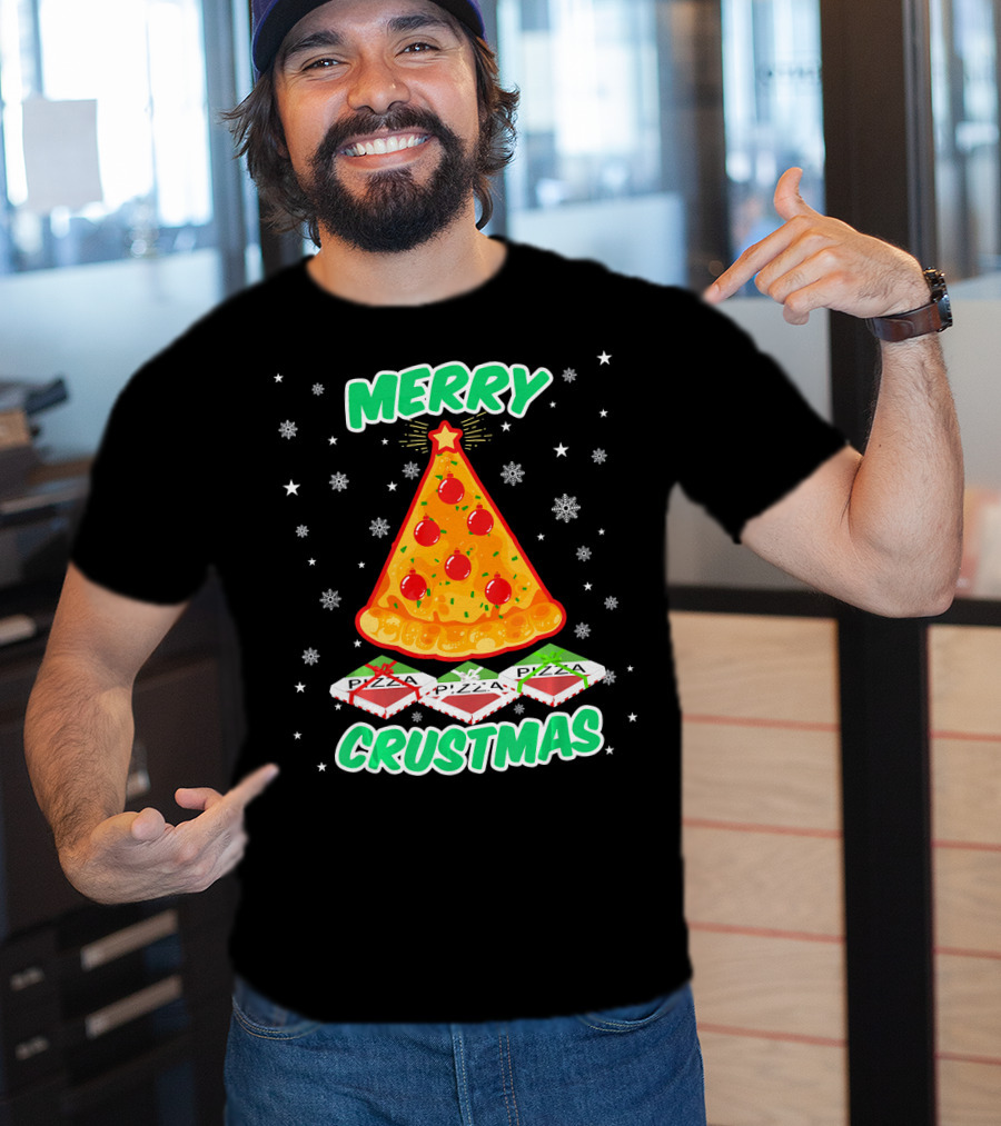 MERRY CRUSTMAS Funny Pizza Christmas Tree With Snowflakes And Pizza Boxes T-Shirt