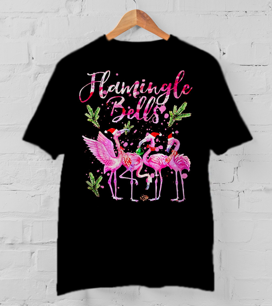Flamingle Bells Flamingos With Christmas Santa Hats And Holiday Greenery T-Shirt