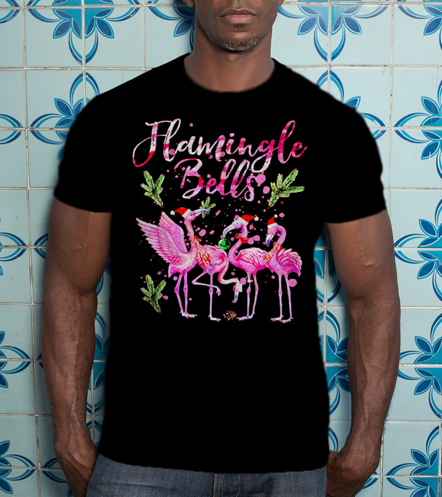 Flamingle Bells Flamingos With Christmas Santa Hats And Holiday Greenery T-Shirt