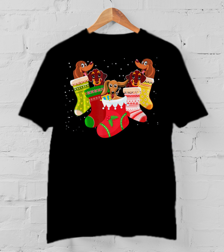 Playful Dachshunds In Colorful Christmas Socks Festive Humor T-Shirt