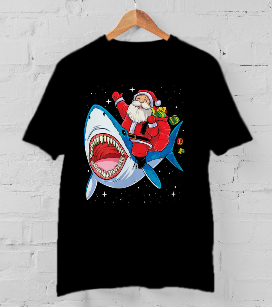 Santa Claus Riding A Shark With Gifts T-Shirt