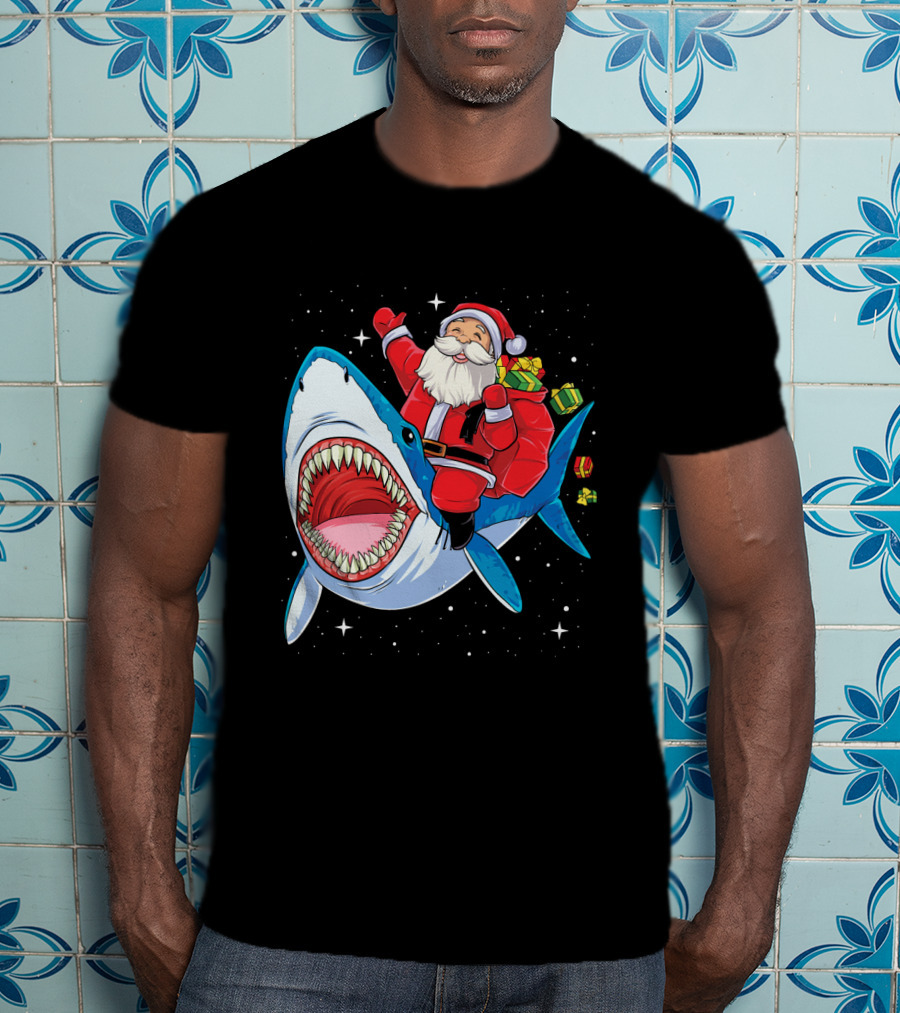 Santa Claus Riding A Shark With Gifts T-Shirt