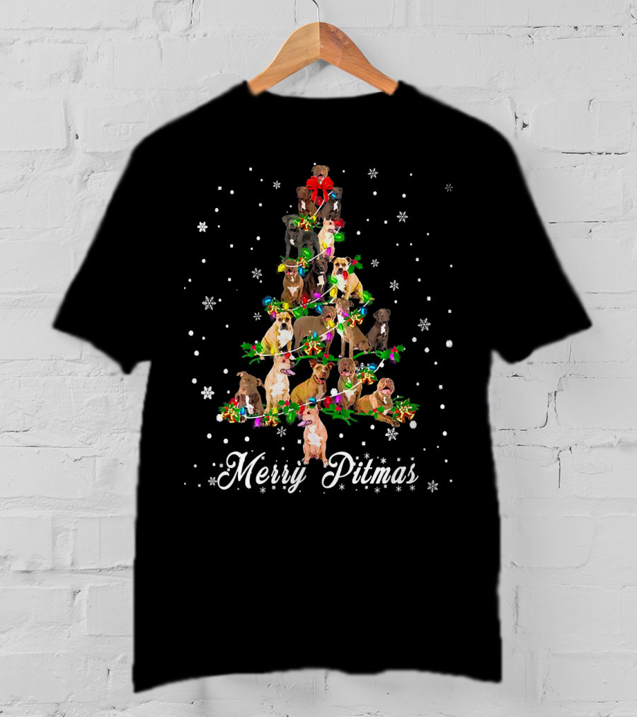 Merry Pitmas Pitbull Christmas Tree With Snowflakes And Holiday Decorations T-Shirt