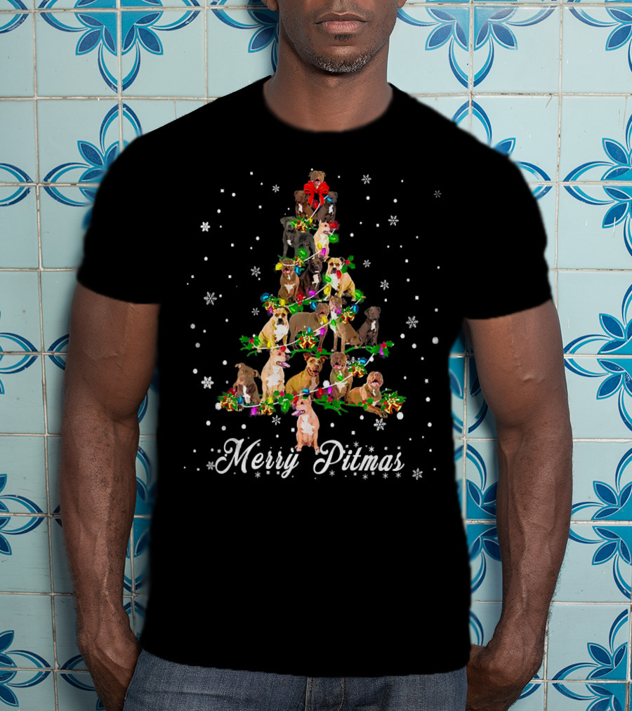 Merry Pitmas Pitbull Christmas Tree With Snowflakes And Holiday Decorations T-Shirt