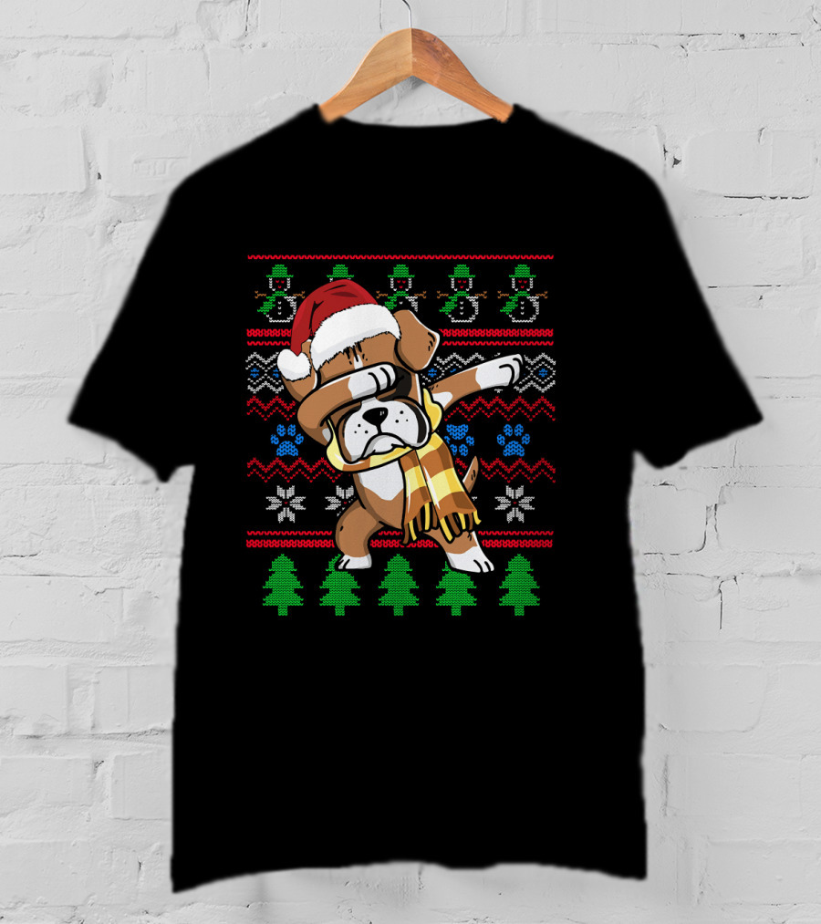 Xmas Boxer Dabbing Santa Hat UglyStyle Sweater Pattern Snowflakes Trees T-Shirt