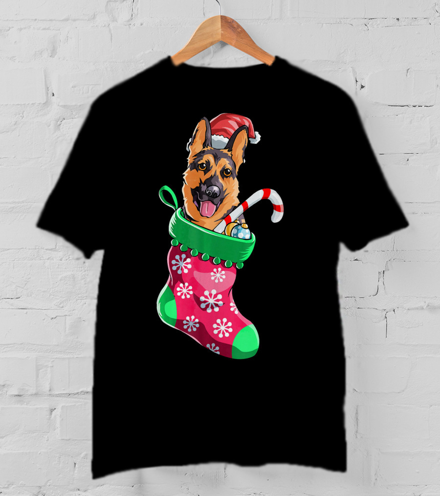 German Shepherd In Christmas Santa Hat Stocking With Candy Cane T-Shirt