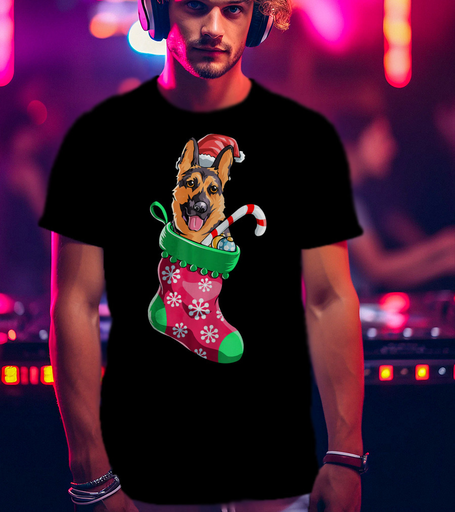 German Shepherd In Christmas Santa Hat Stocking With Candy Cane T-Shirt