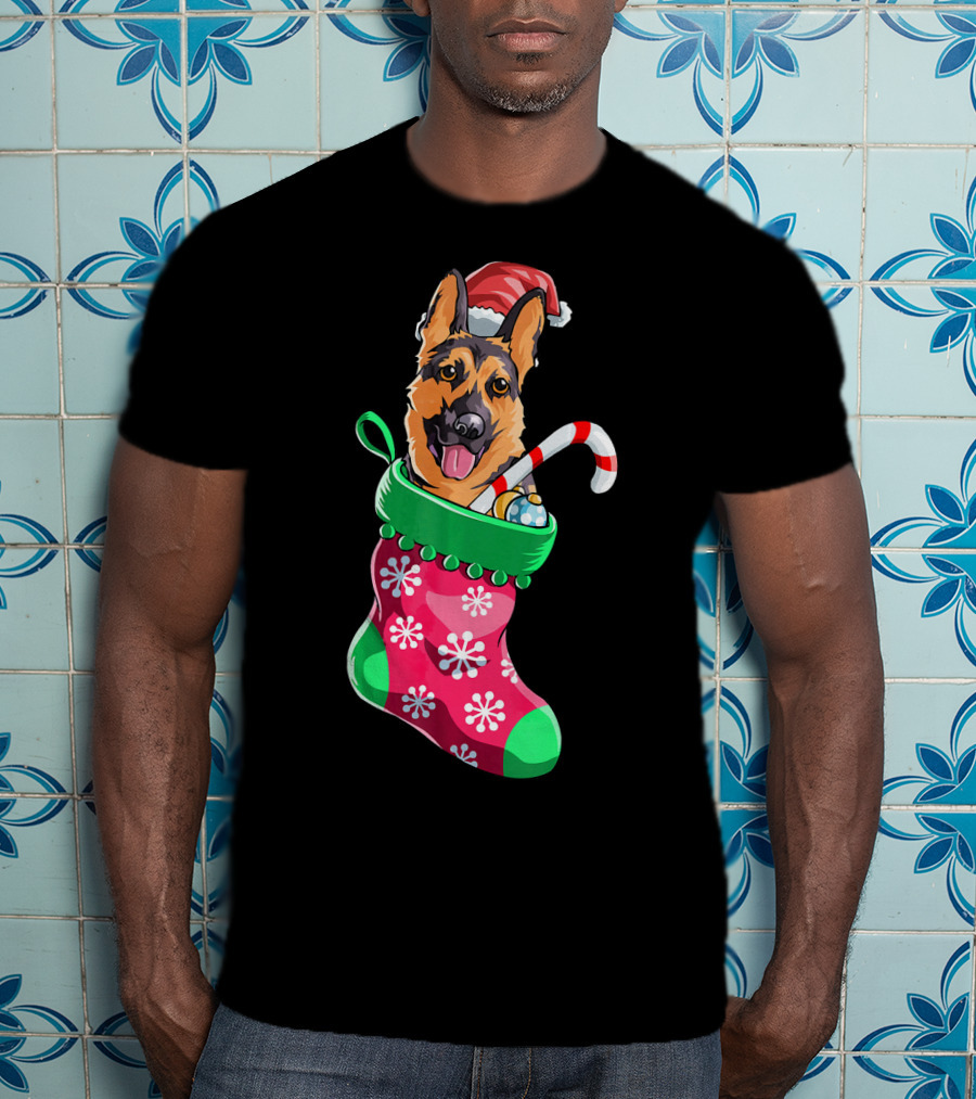 German Shepherd In Christmas Santa Hat Stocking With Candy Cane T-Shirt