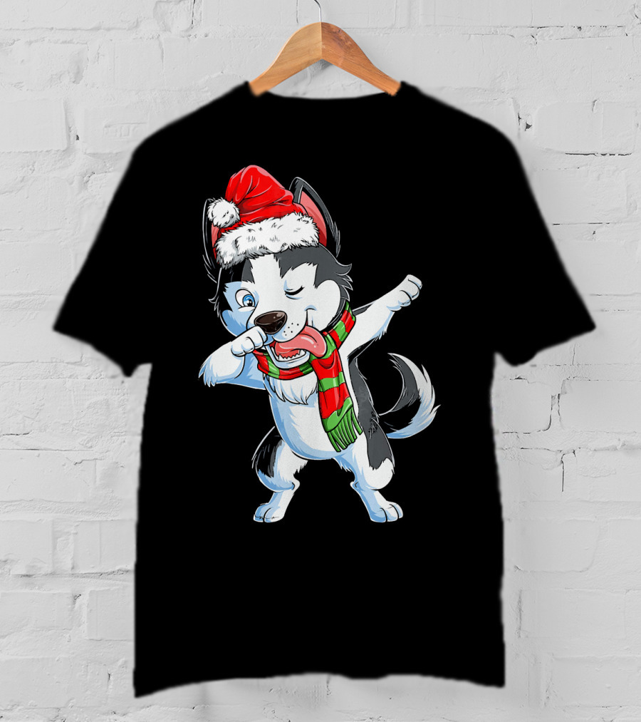 Dabbing Siberian Husky Santa Christmas Dog With Scarf T-Shirt
