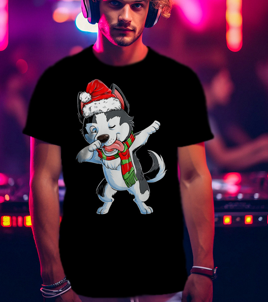 Dabbing Siberian Husky Santa Christmas Dog With Scarf T-Shirt