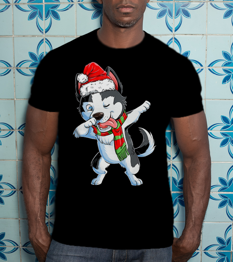 Dabbing Siberian Husky Santa Christmas Dog With Scarf T-Shirt