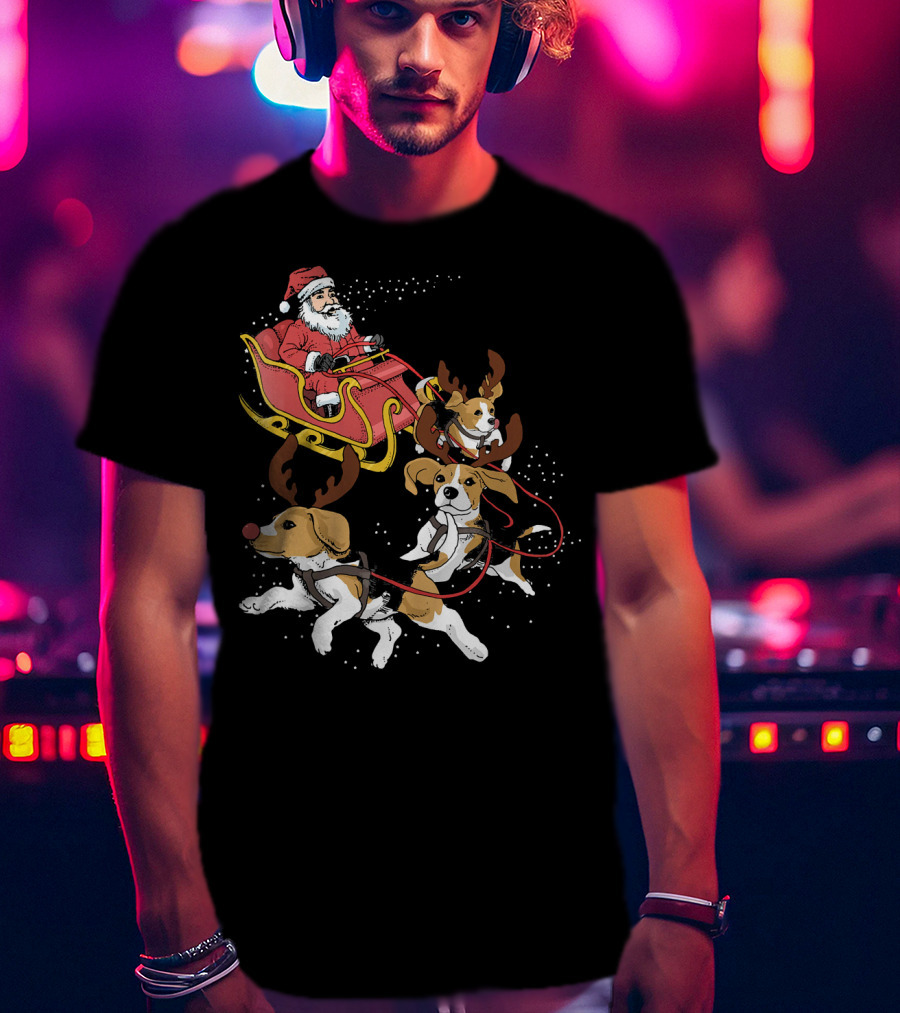Santa's Sleigh With Beagle Reindeer Trio T-Shirt