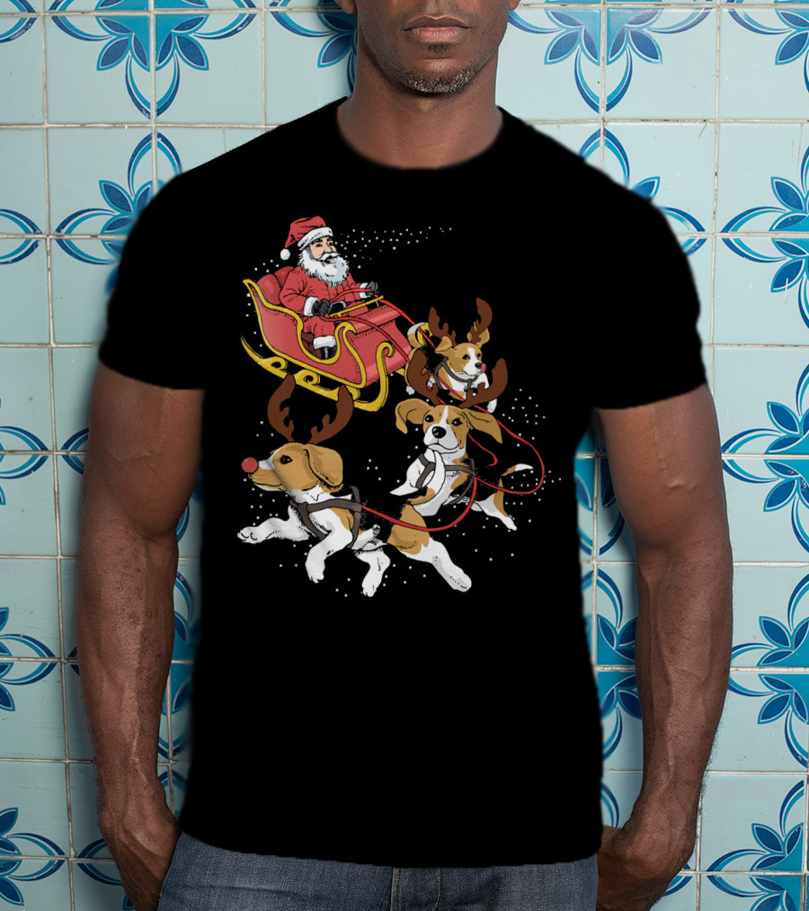 Santa's Sleigh With Beagle Reindeer Trio T-Shirt
