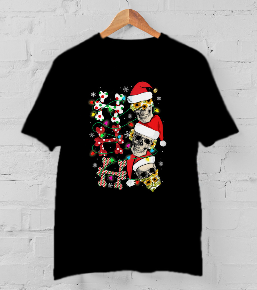 Ho Ho Ho Skull Santa Hat Christmas Lights Skulls T-Shirt