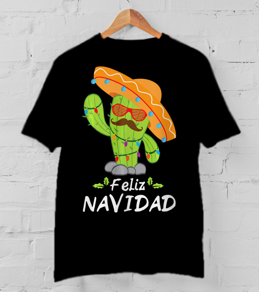 Feliz Navidad Cactus Mexican Tree Christmas Sombrero Lights T-Shirt