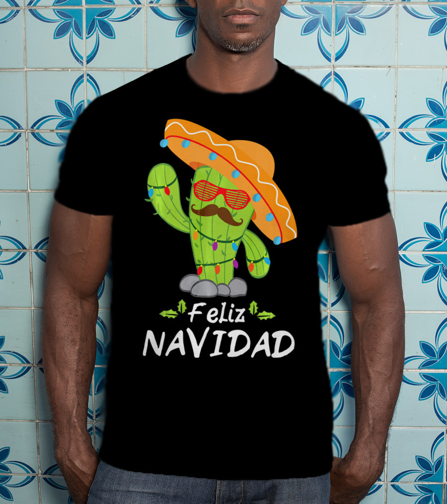 Feliz Navidad Cactus Mexican Tree Christmas Sombrero Lights T-Shirt