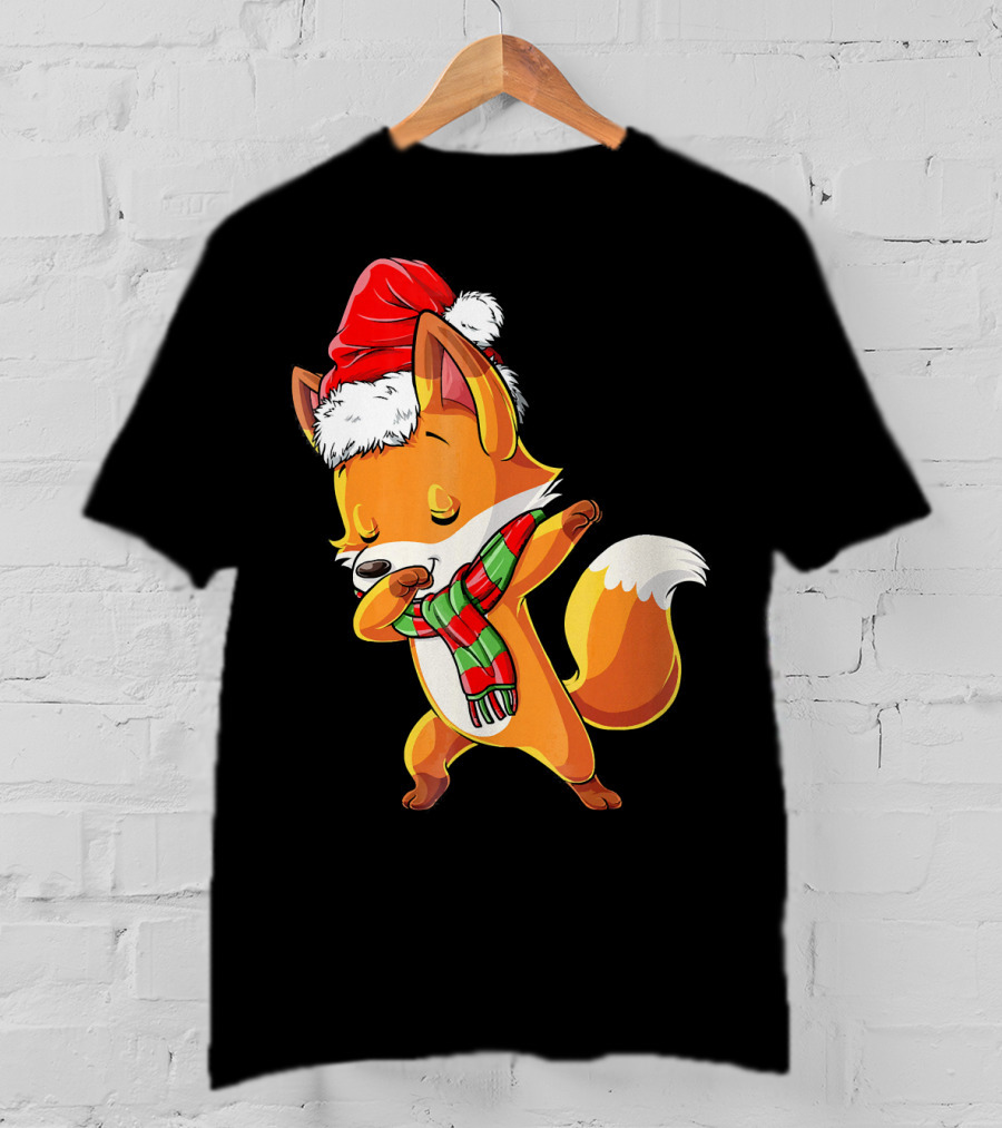 Christmas Dab Fox With Santa Hat And Scarf T-Shirt