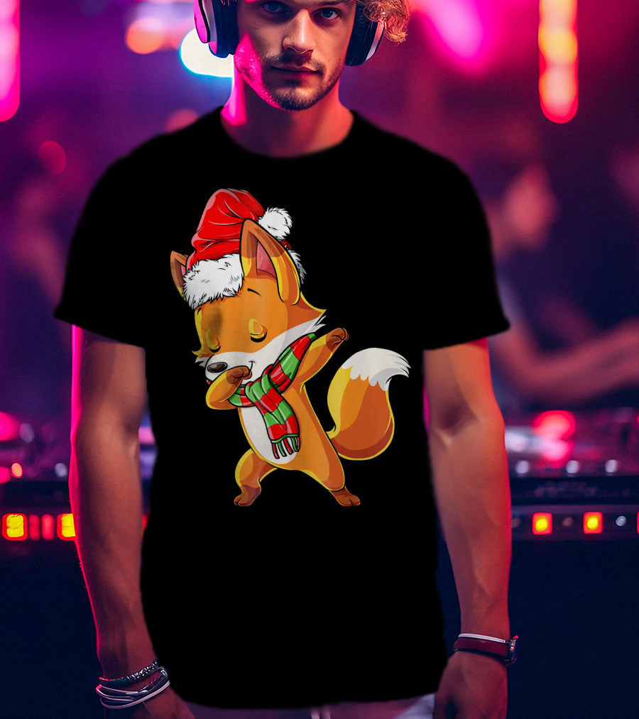Christmas Dab Fox With Santa Hat And Scarf T-Shirt