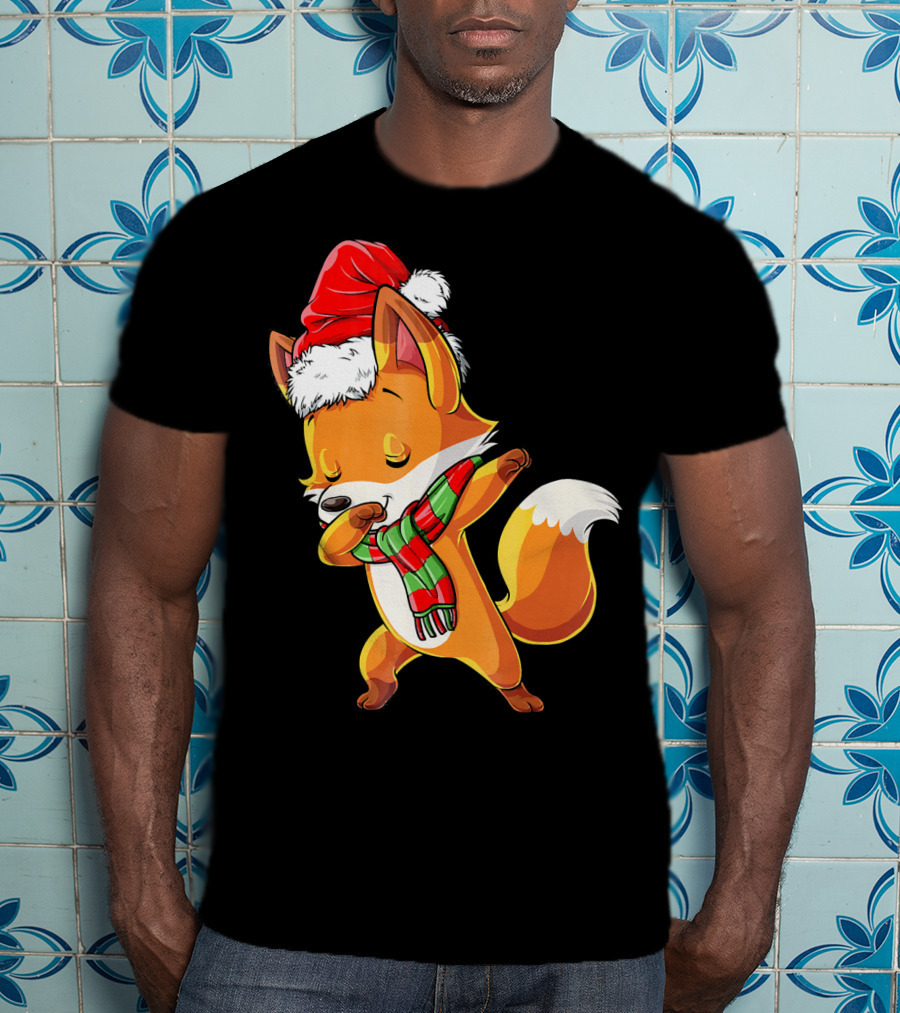 Christmas Dab Fox With Santa Hat And Scarf T-Shirt