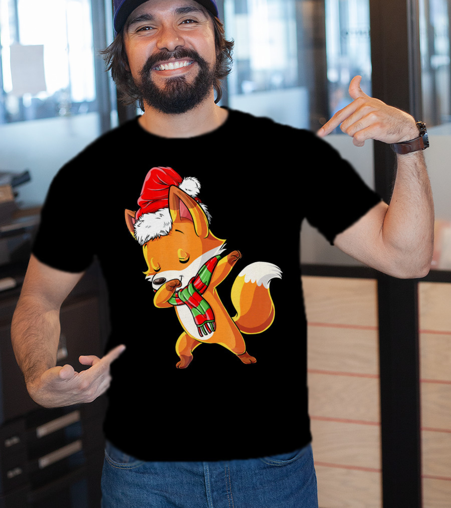 Christmas Dab Fox With Santa Hat And Scarf T-Shirt