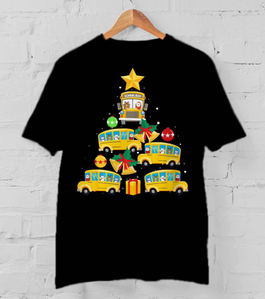 School Bus Christmas Tree With Santa Reindeer Ornaments And Gifts T-Shirt