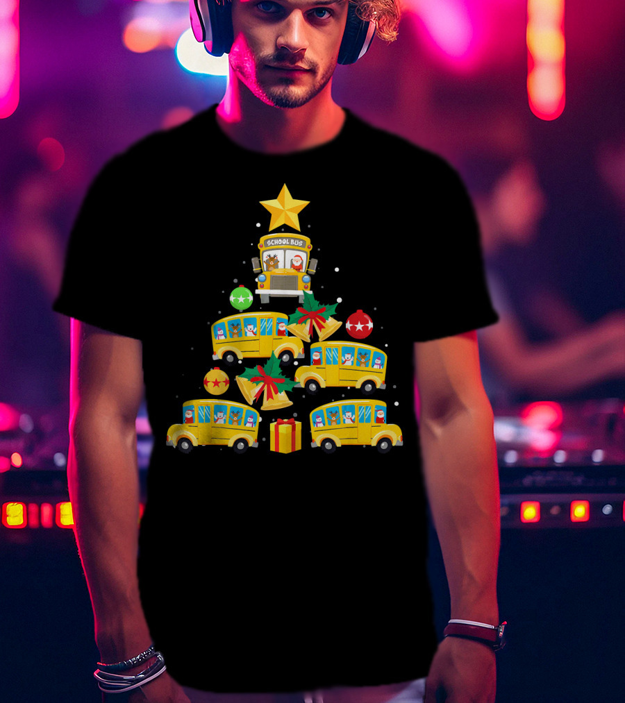 School Bus Christmas Tree With Santa Reindeer Ornaments And Gifts T-Shirt