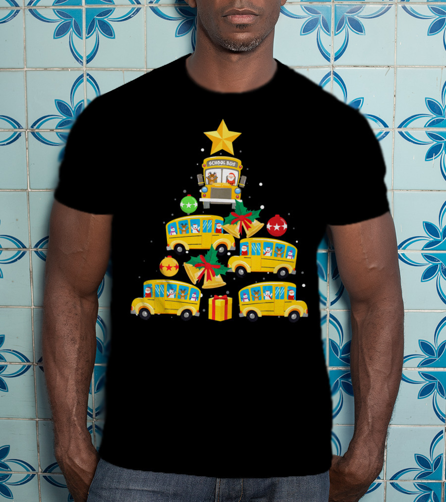 School Bus Christmas Tree With Santa Reindeer Ornaments And Gifts T-Shirt