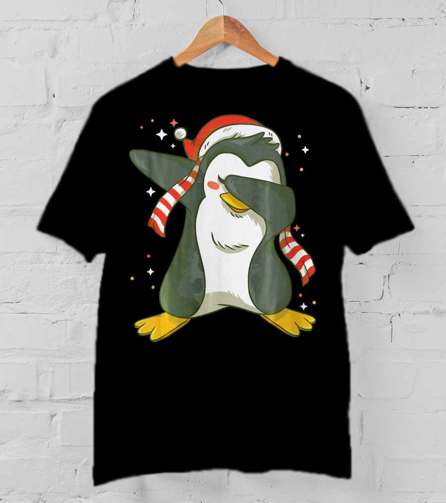 Christmas Xmas Santa Claus Penguin Dabbing Scarf Santa Hat T-Shirt