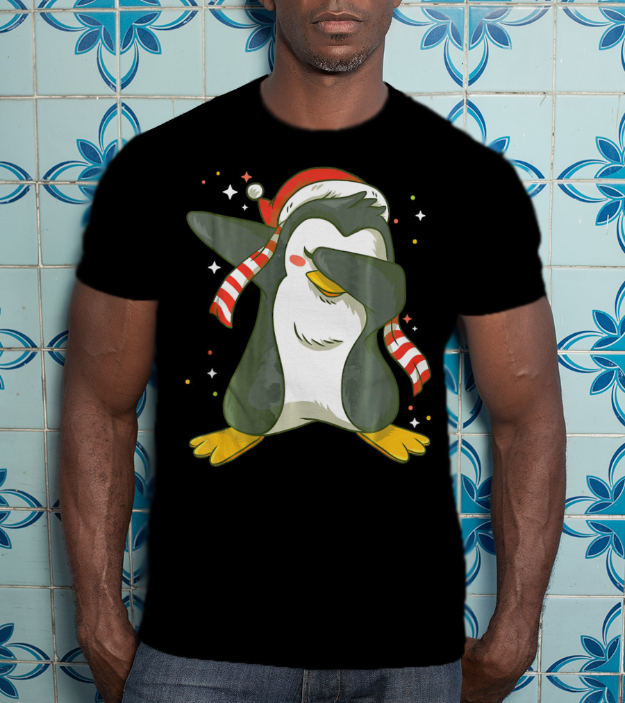Christmas Xmas Santa Claus Penguin Dabbing Scarf Santa Hat T-Shirt