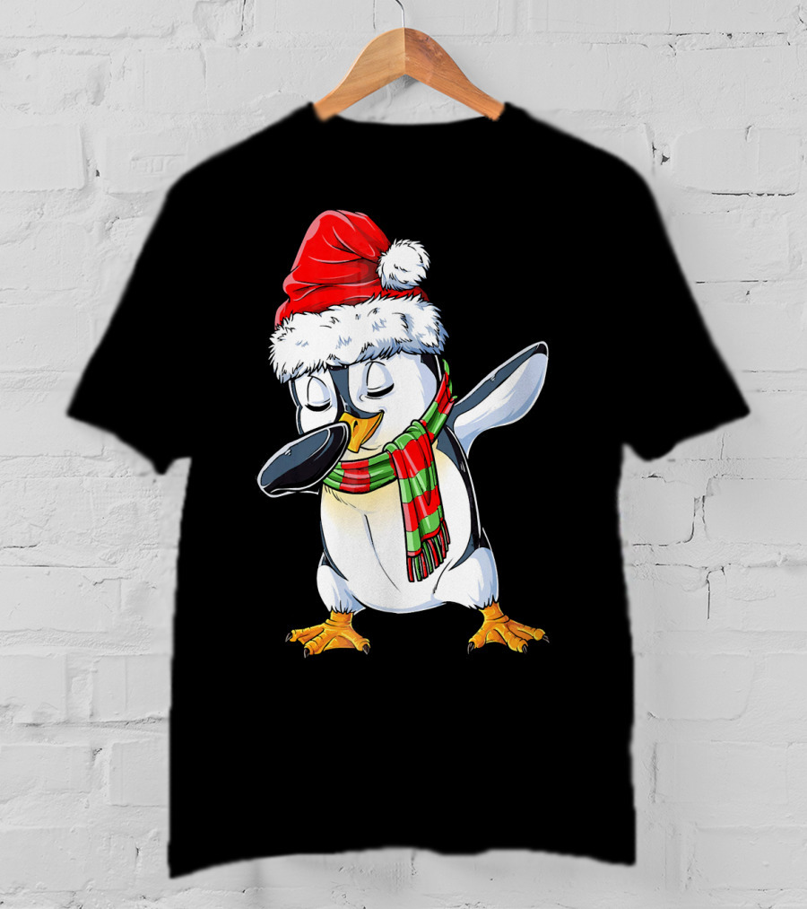 Dabbing Penguin Santa Claus With Festive Scarf T-Shirt
