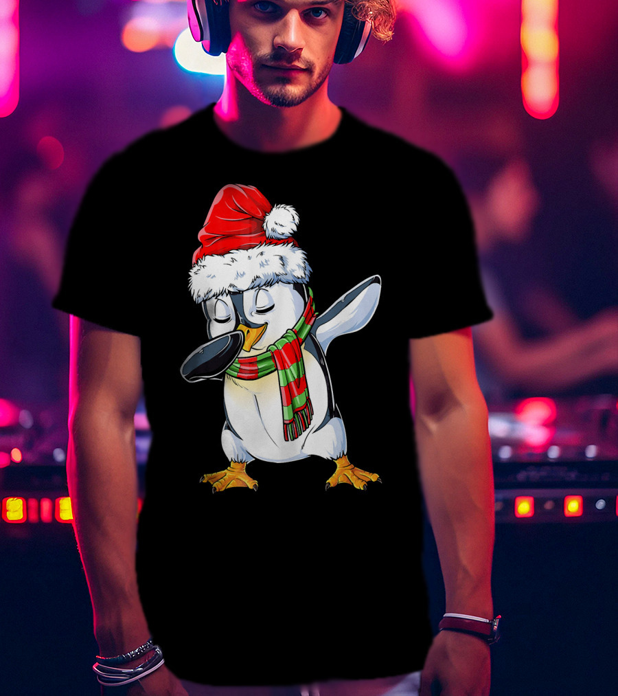 Dabbing Penguin Santa Claus With Festive Scarf T-Shirt