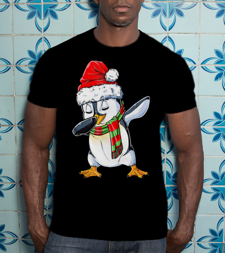 Dabbing Penguin Santa Claus With Festive Scarf T-Shirt