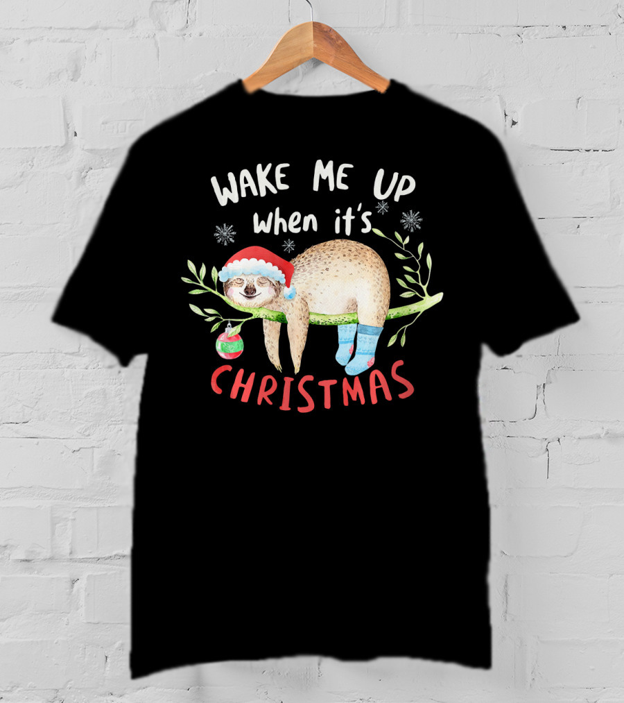 Wake Me Up When It's Christmas Cute Sloth With Santa Hat T-Shirt