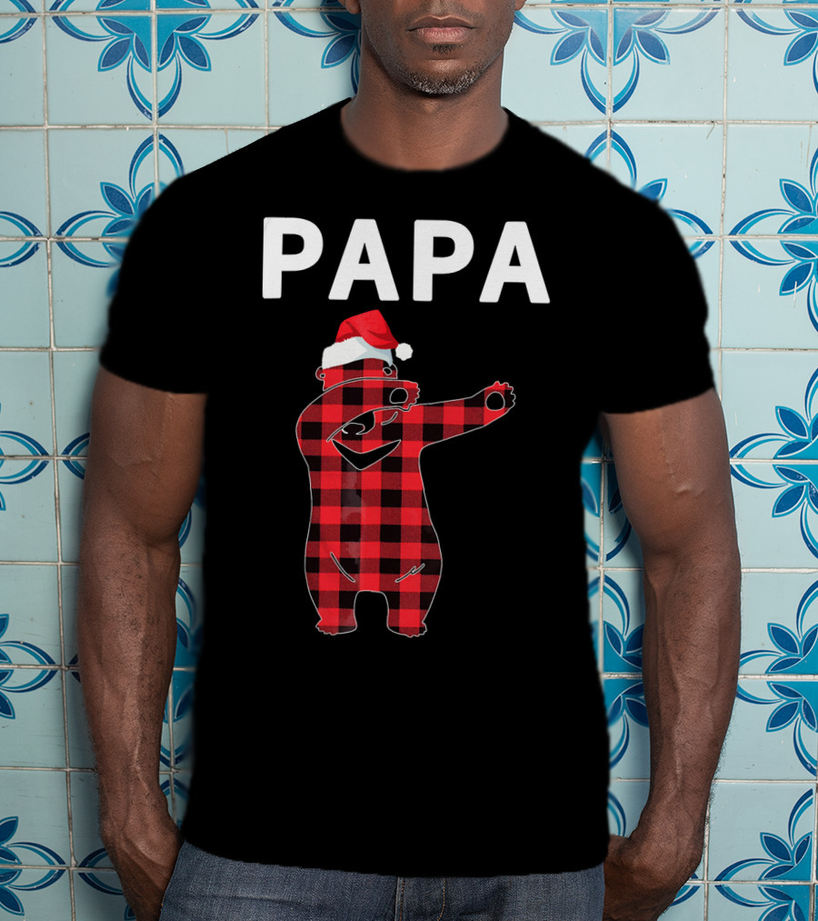 PAPA Bear Plaid Santa Hat Christmas Dabbing T-Shirt