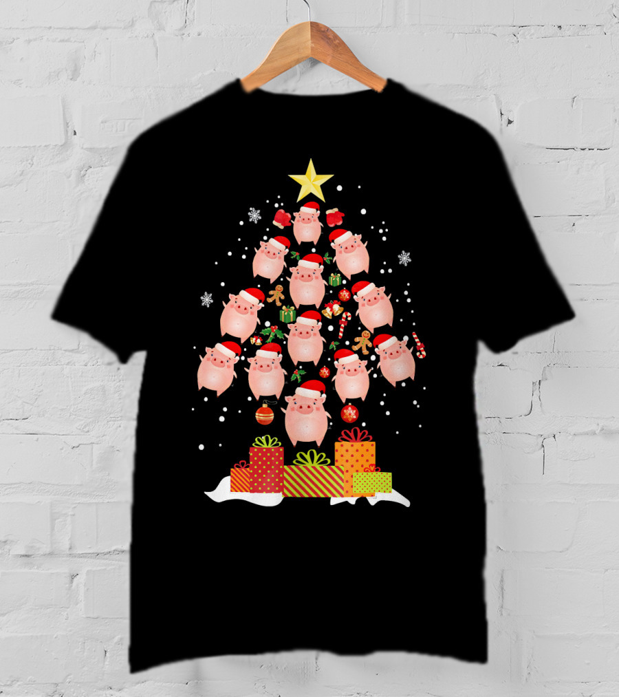 Christmas Tree Of Santa Hat Pigs With Gifts And Snowflakes T-Shirt