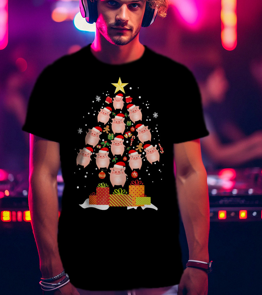 Christmas Tree Of Santa Hat Pigs With Gifts And Snowflakes T-Shirt