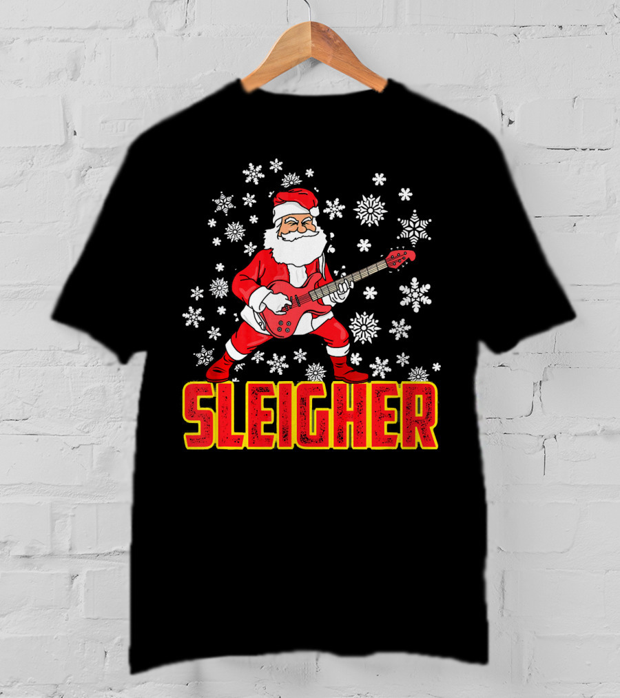 Sleigher Santa Claus With Guitar And Snowflakes T-Shirt
