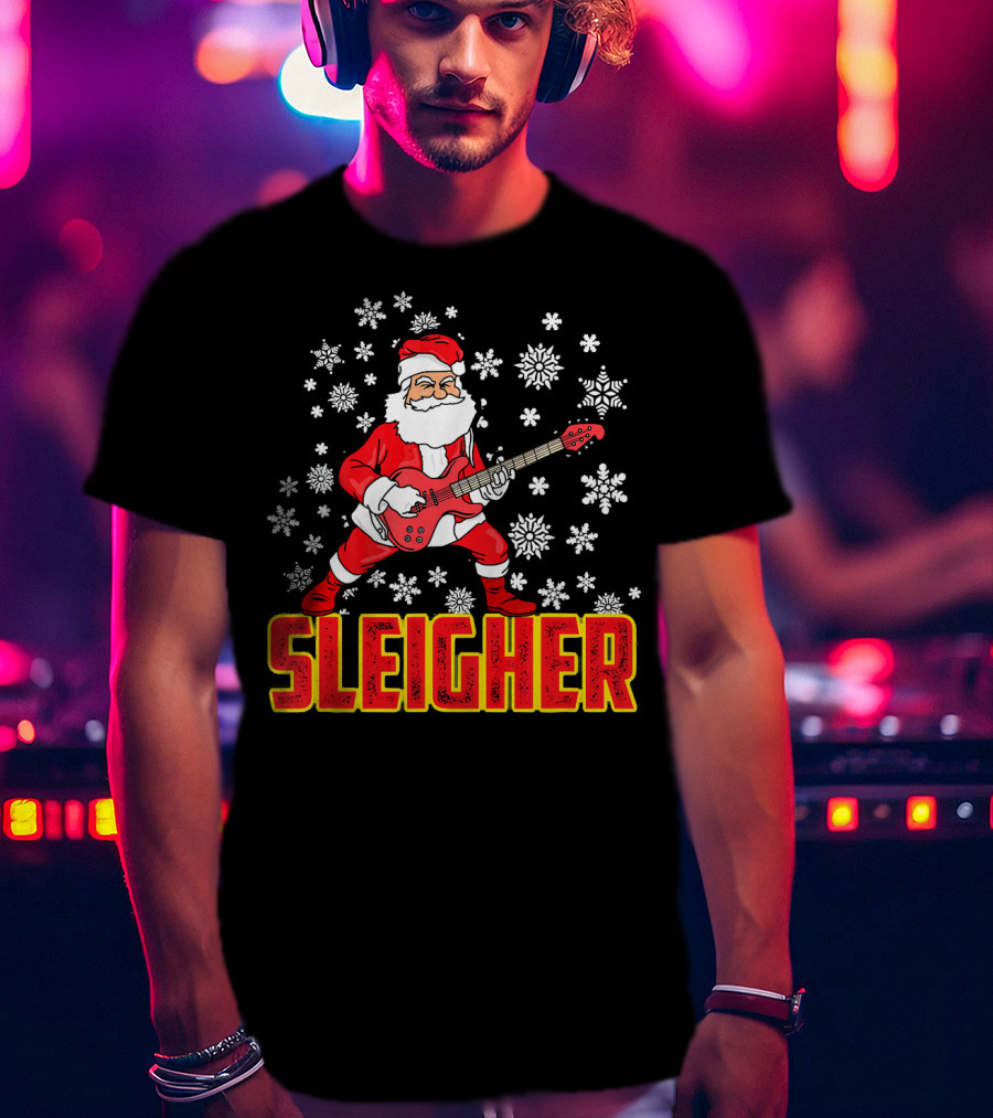 Sleigher Santa Claus With Guitar And Snowflakes T-Shirt