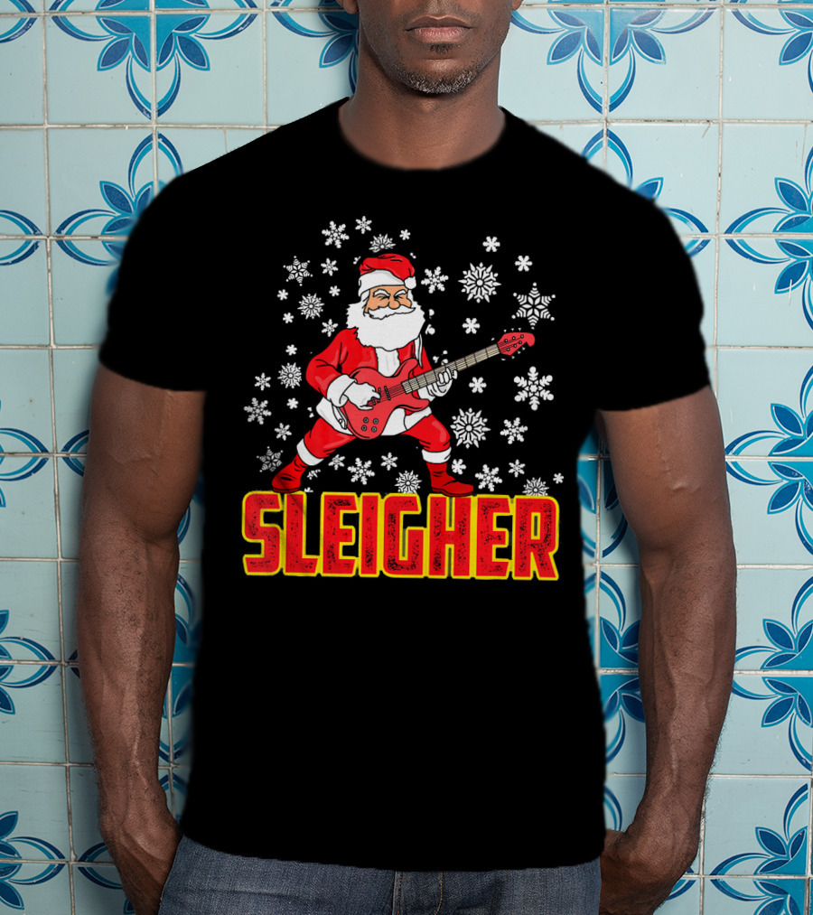 Sleigher Santa Claus With Guitar And Snowflakes T-Shirt