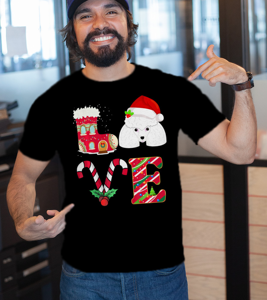 I Love My Poodle Funny Christmas Poodle Candy Cane Santa Hat Holiday Boot T-Shirt