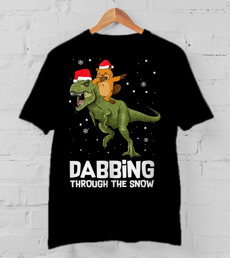 Beaver Dabbing On Dinosaur Wearing Santa Hats Dabbing Through The Snow T-Shirt