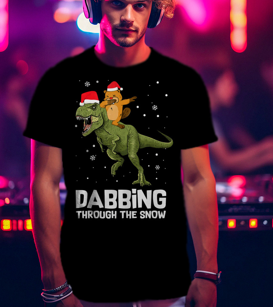 Beaver Dabbing On Dinosaur Wearing Santa Hats Dabbing Through The Snow T-Shirt