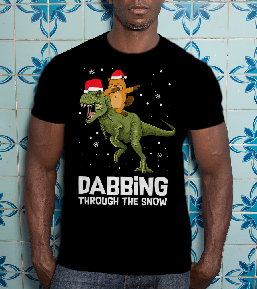 Beaver Dabbing On Dinosaur Wearing Santa Hats Dabbing Through The Snow T-Shirt